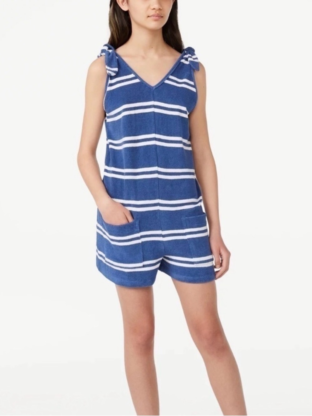 Girls Blue and White Striped One-Piece Terry Towel Romper